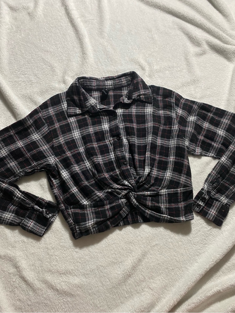 Windsor Black Plaid Cropped Tie-Front Shirt
